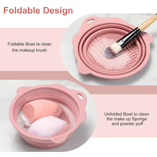Foldable Silicone Makeup Brush Cleaner Bowl - Portable Cleaning Tool for Brushes, Powder Puffs, and Sponges (Pink)