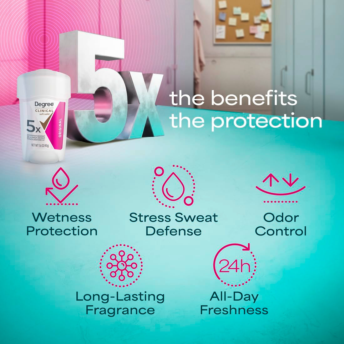 Degree Clinical Protection Antiperspirant Deodorant 72-Hour Sweat & Odor Protection 5-In-1 Antiperspirant for Women 1.7 Oz