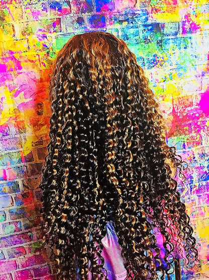 Human Hair Wig 13X4 Transparent Lace Wig Highlight Color Deep Wave 22Inches 180% Density