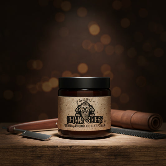 Jar of Johnny Slicks organic clay pomade on a wooden block with a beige background